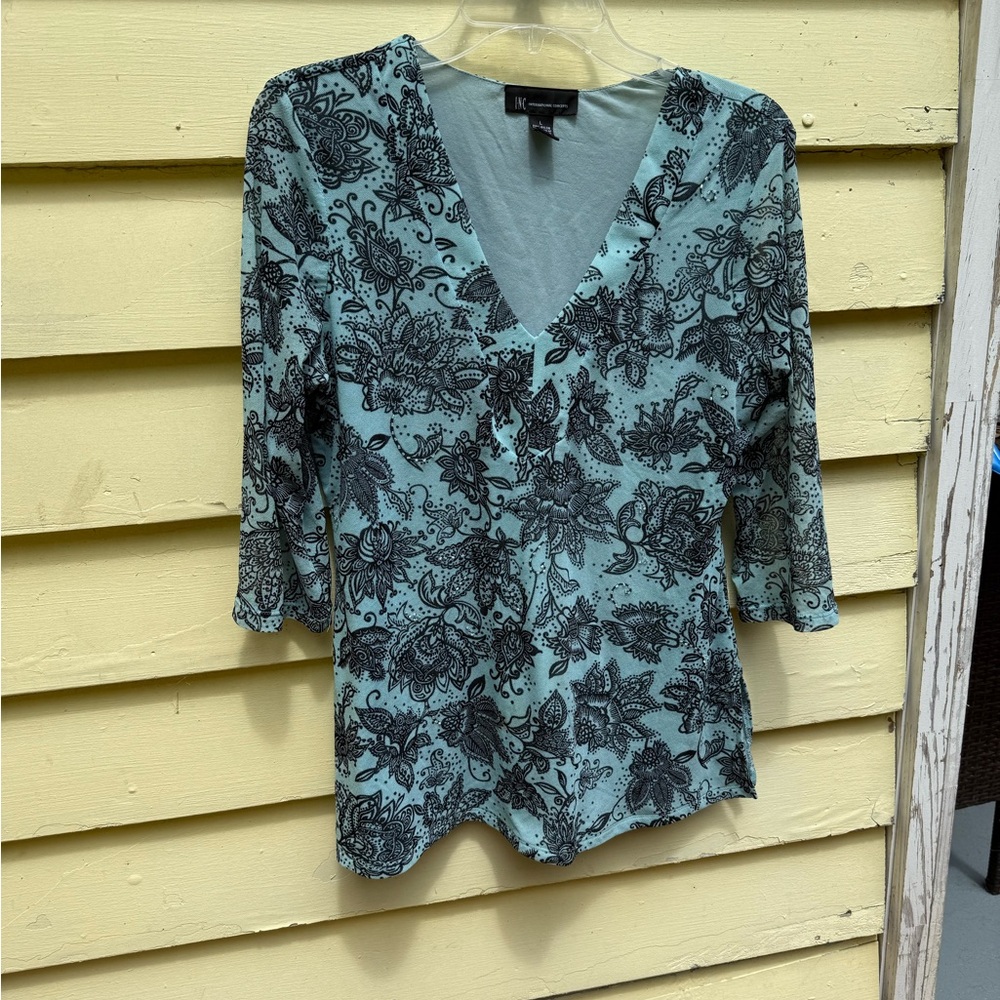 INC International Concepts Floral V-Neck Top - Black and Teal